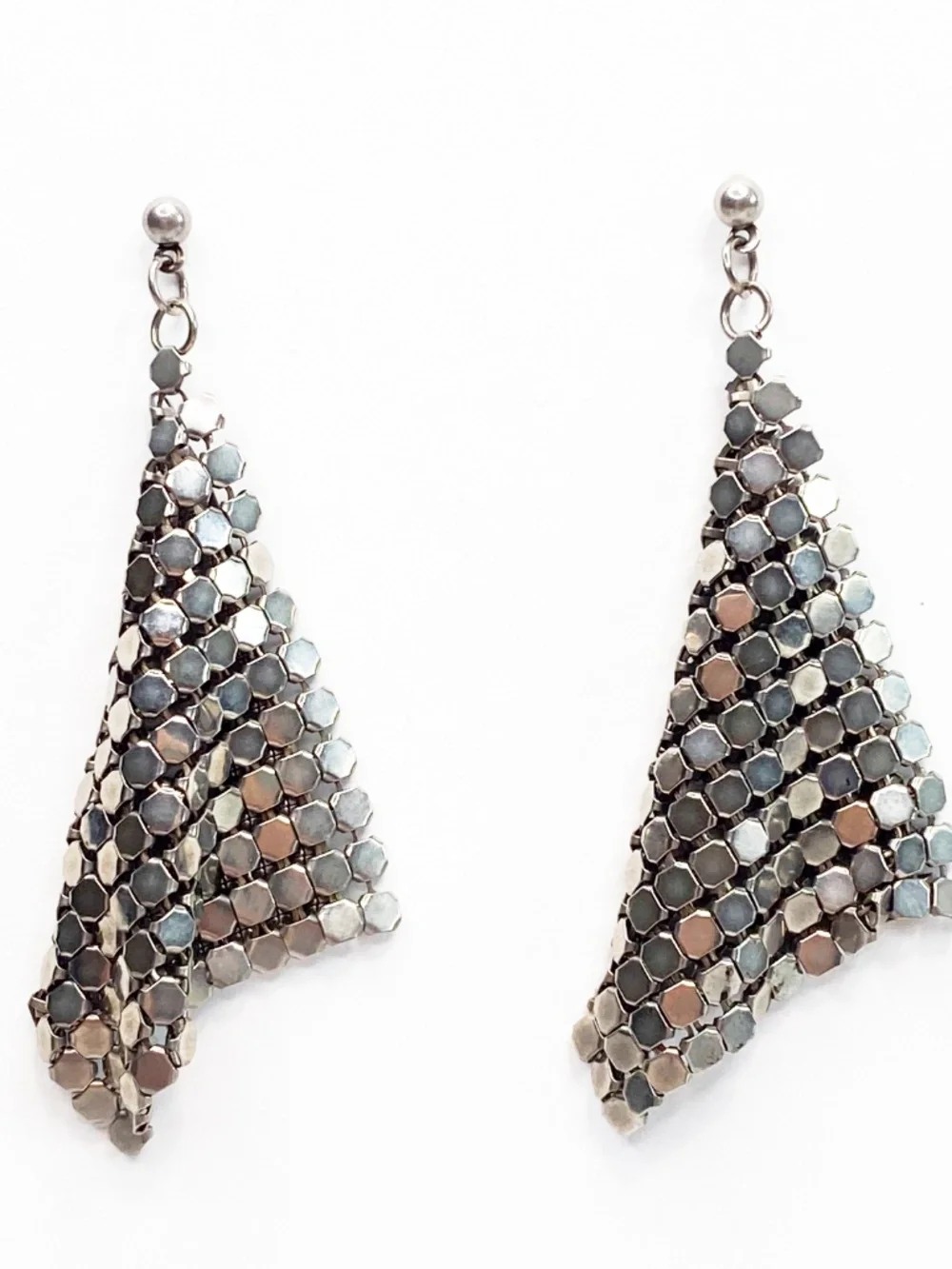 Vintage Silver Tone Metal Mesh Dangle Earrings Statement Shimmer Sparkle